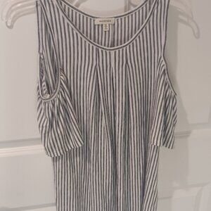 Max Studio Cold Shoulder Pleated Crew Neck Line Striped Blue/White Cute Top XS